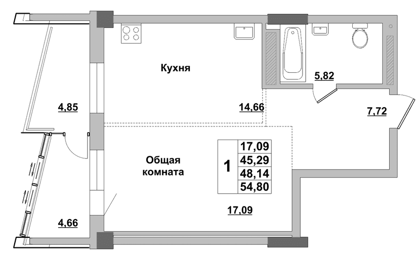 1 комн., 48.14 м²
