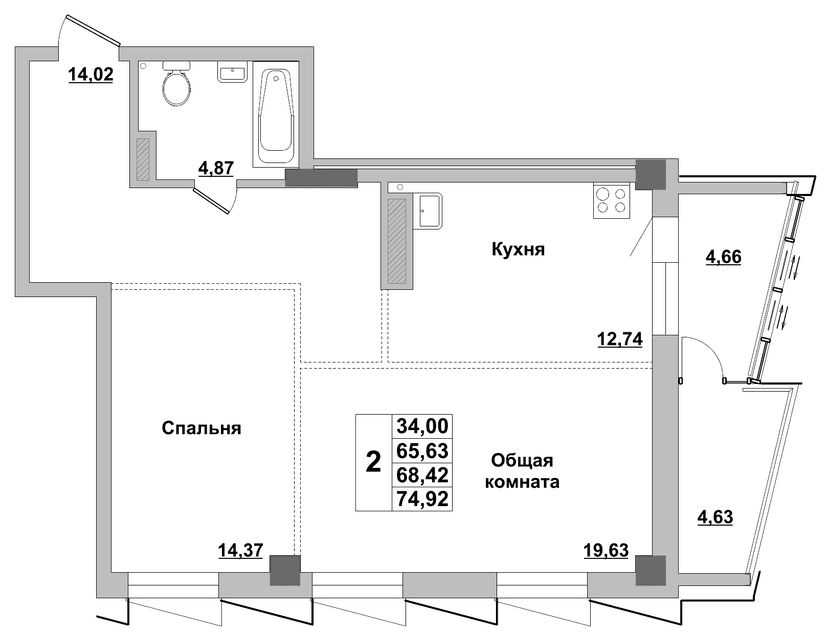 2 комн., 68.42 м²