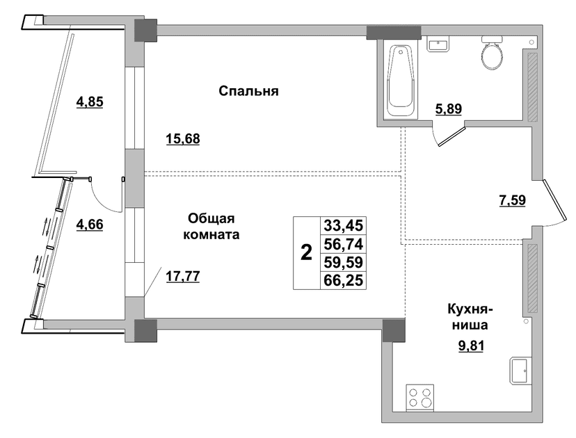 2 комн., 59.59 м²