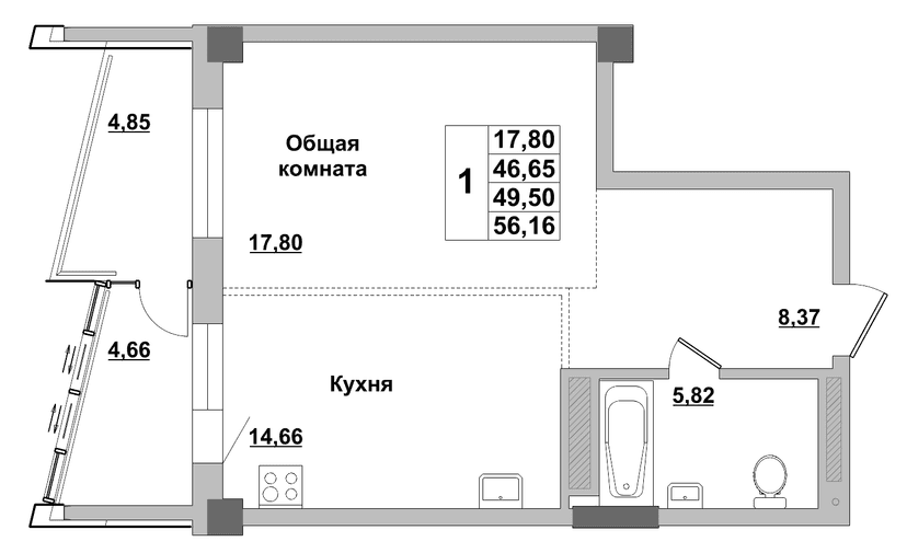 1 комн., 49.50 м²