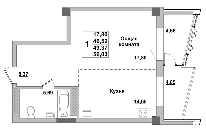 1 комн., 49.50 м²