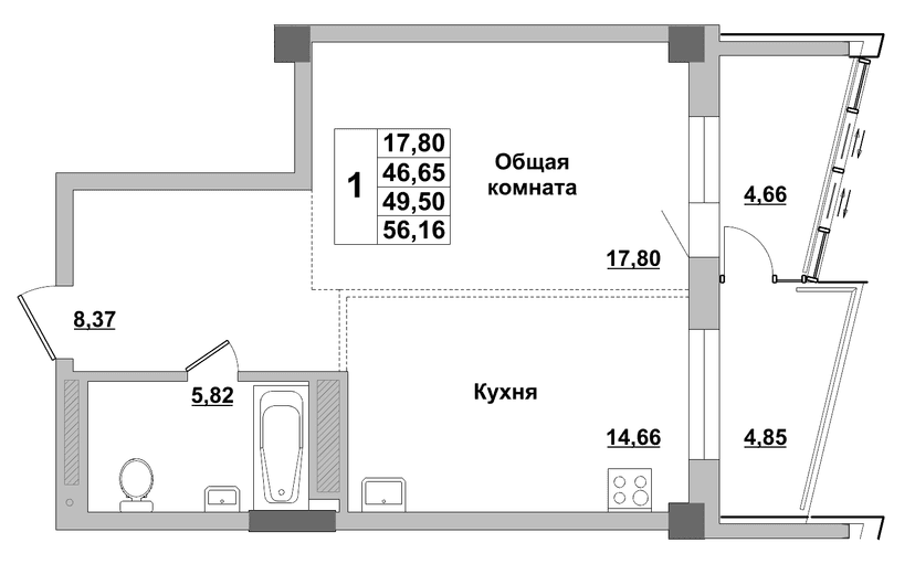 1 комн., 49.50 м²