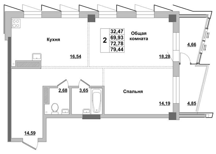 2 комн., 72.78 м²
