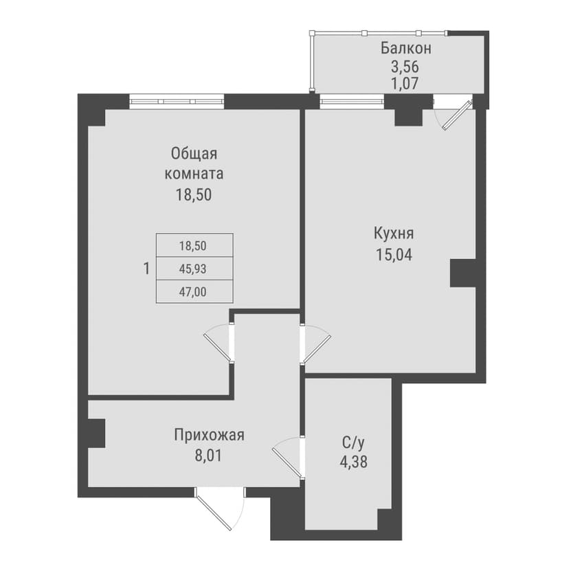 1 комн., 47.00 м²