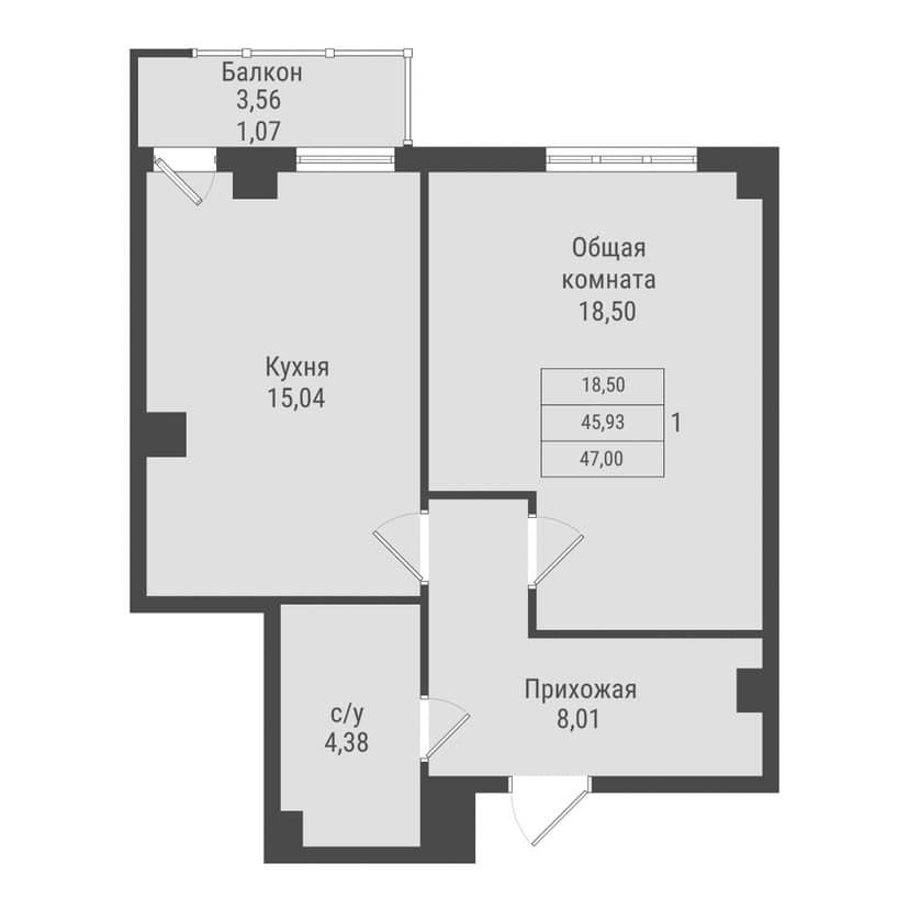 1 комн., 47.00 м²