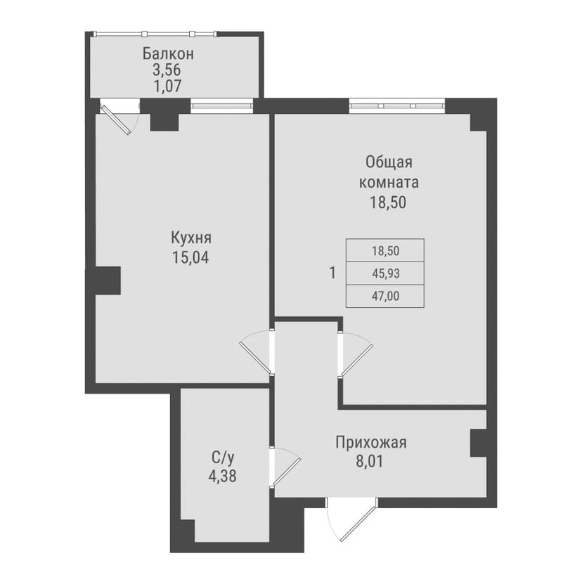 1 комн., 47.00 м²
