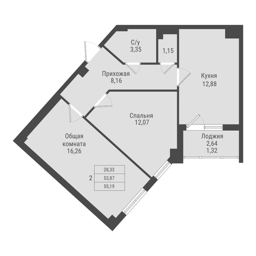 2 комн., 55.19 м²