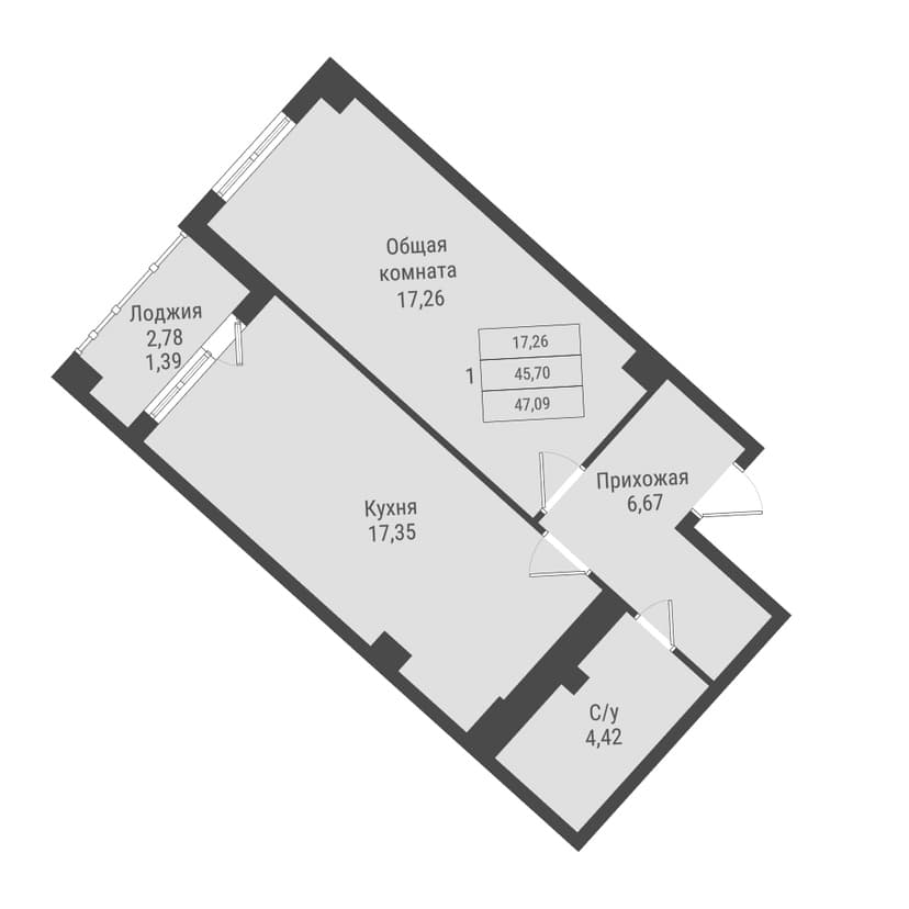 1 комн., 47.09 м²