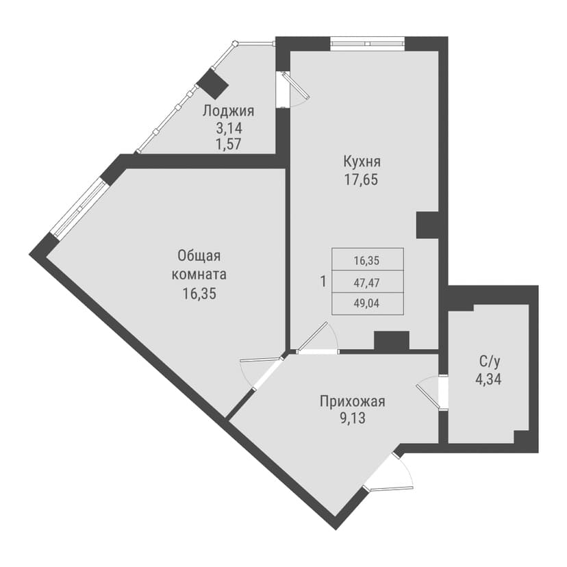 1 комн., 49.04 м²