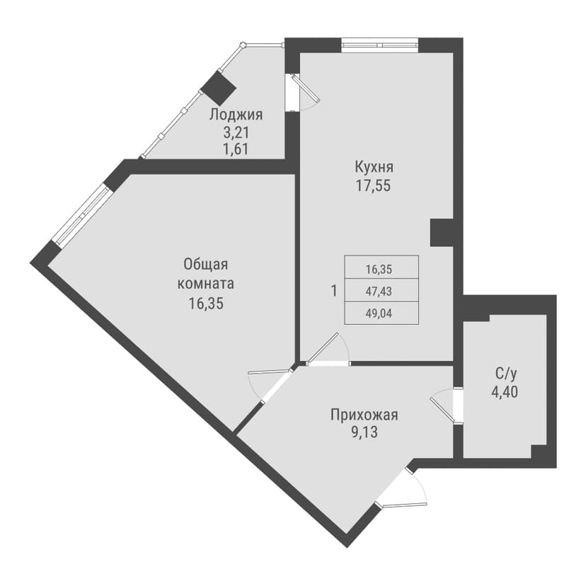 1 комн., 49.04 м²