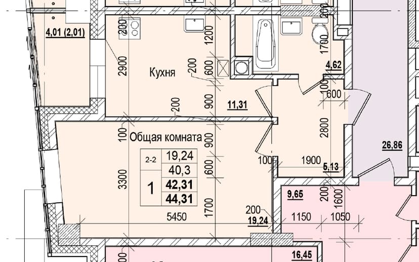 1 комн., 42.31 м²