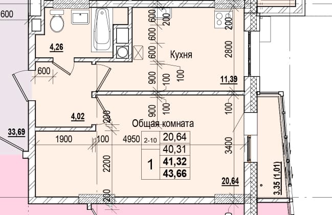 1 комн., 41.32 м²