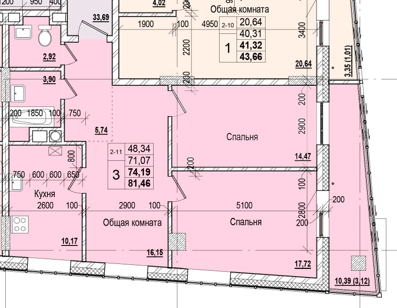 3 комн., 74.19 м²