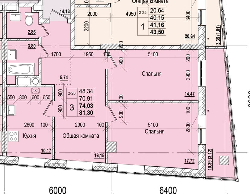 3 комн., 74.03 м²