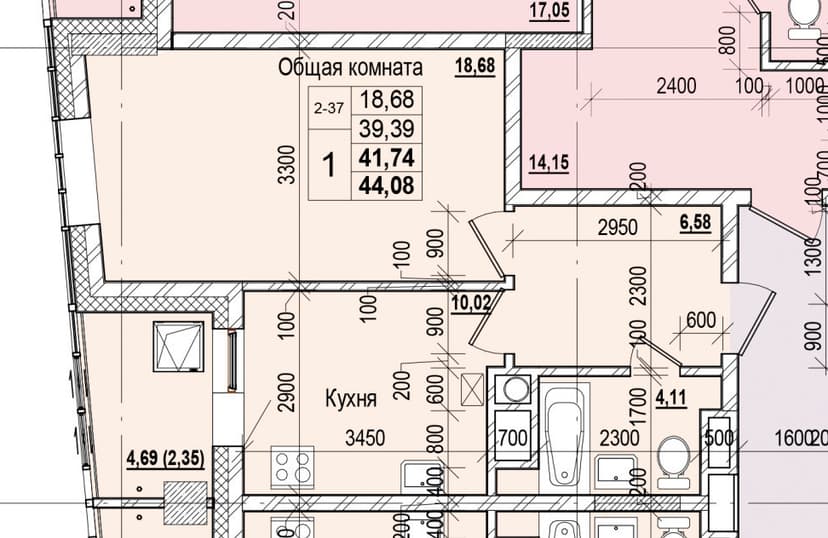 1 комн., 41.74 м²