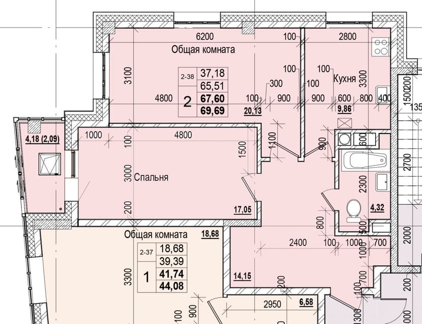2 комн., 67.60 м²