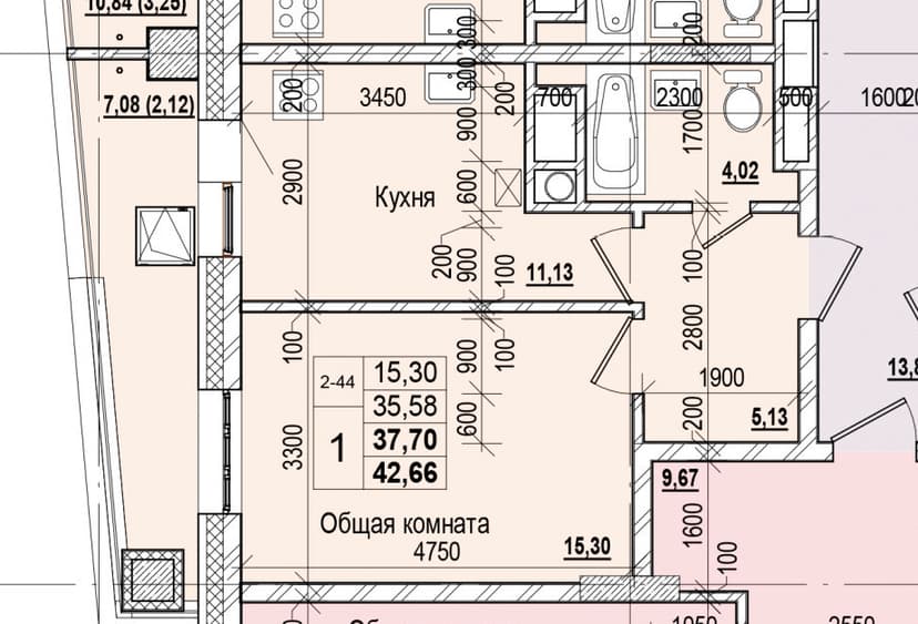 1 комн., 37.70 м²