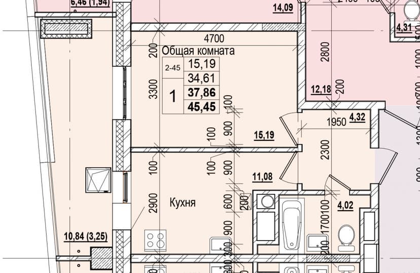 1 комн., 37.86 м²