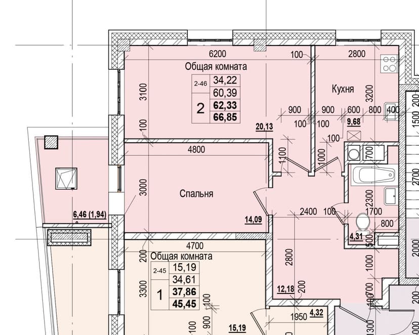 2 комн., 62.33 м²