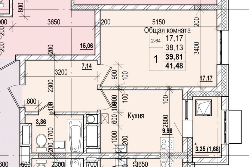 1 комн., 39.81 м²