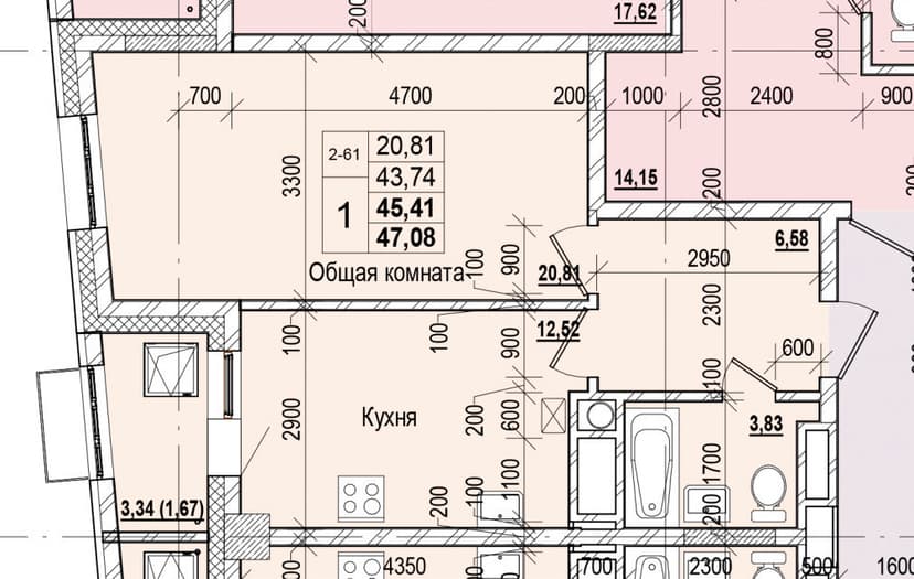 1 комн., 45.41 м²