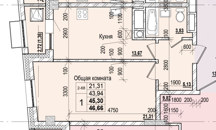 1 комн., 45.30 м²