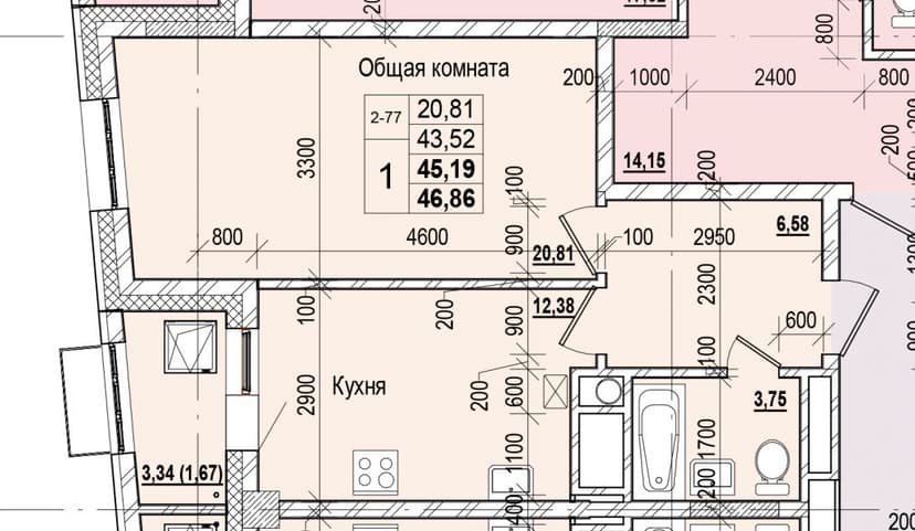 1 комн., 45.19 м²