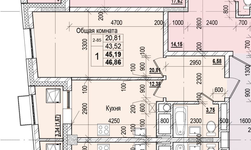 1 комн., 45.19 м²
