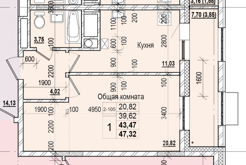 1 комн., 43.47 м²
