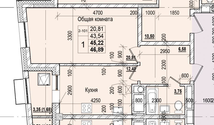 1 комн., 45.22 м²