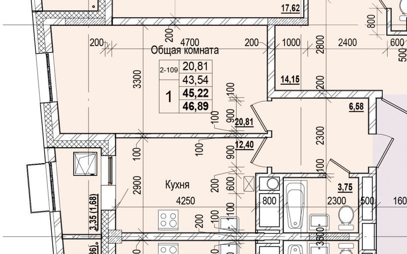 1 комн., 45.22 м²