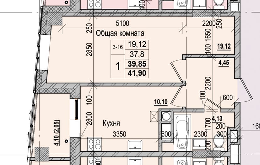 1 комн., 39.85 м²