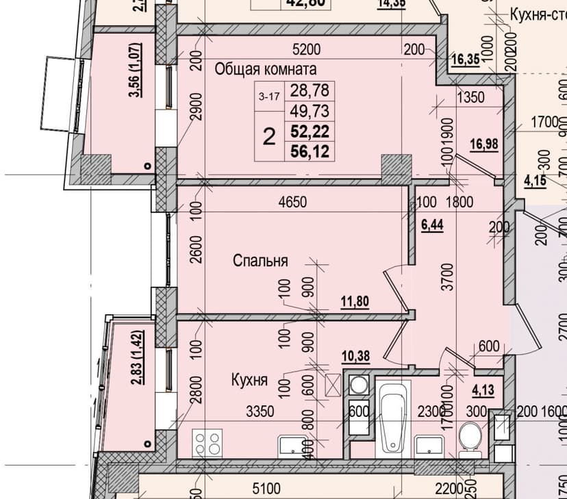 2 комн., 52.22 м²