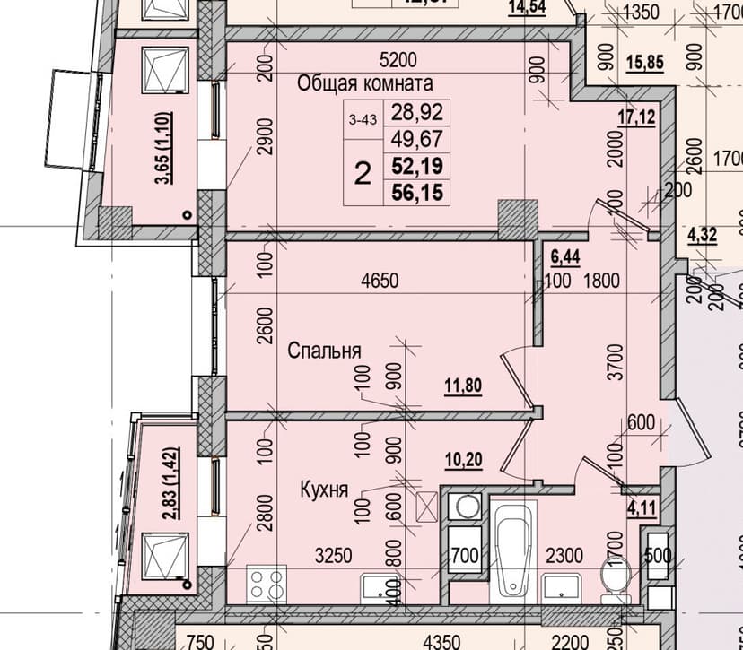 2 комн., 52.19 м²