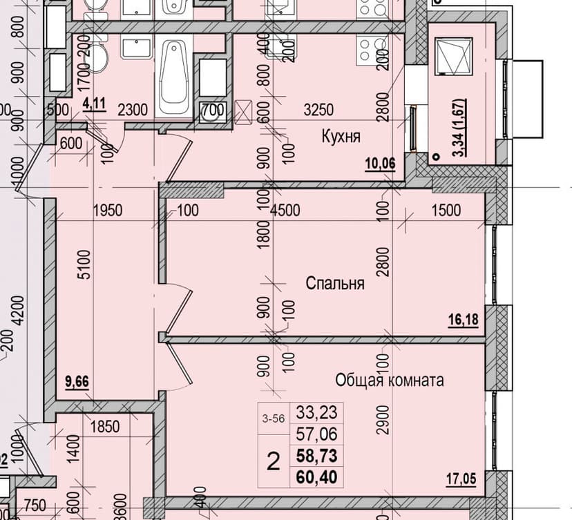 2 комн., 58.73 м²