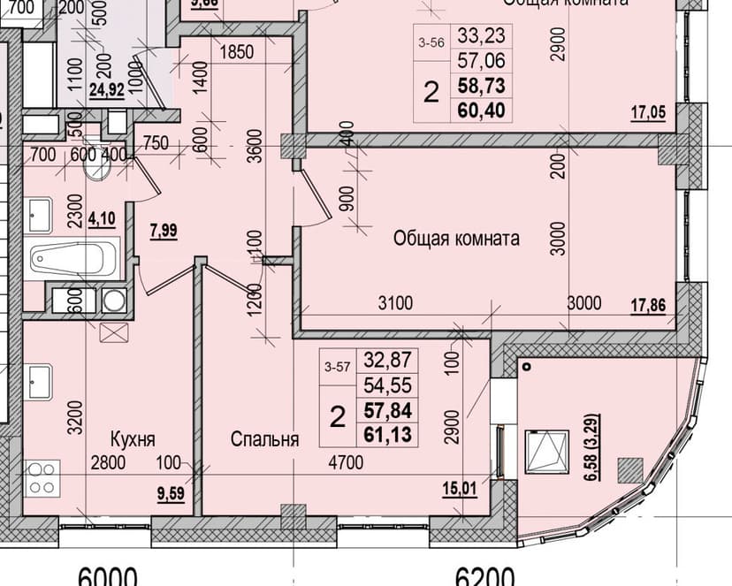 2 комн., 57.84 м²