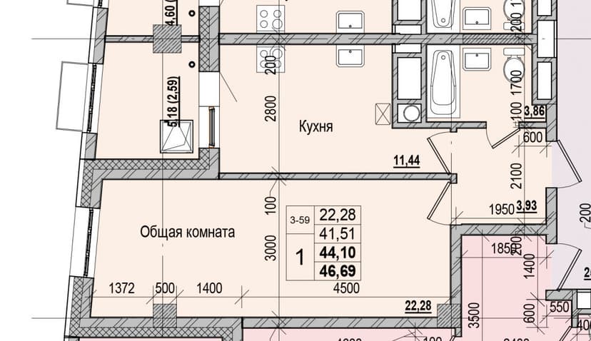 1 комн., 44.10 м²