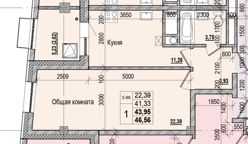 1 комн., 43.95 м²