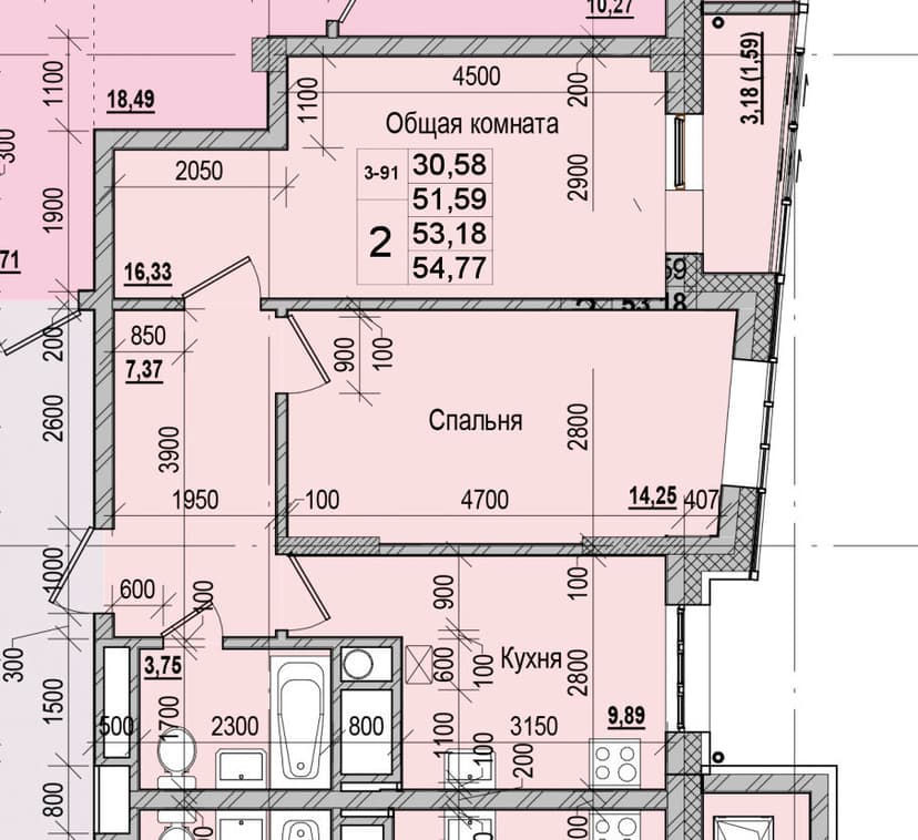 2 комн., 53.18 м²