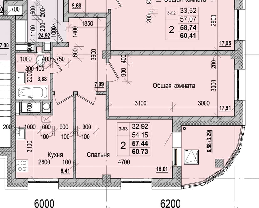 2 комн., 57.44 м²