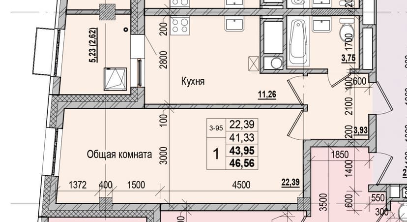 1 комн., 43.95 м²
