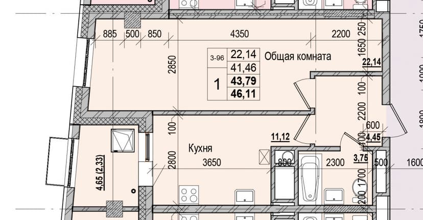 1 комн., 43.79 м²