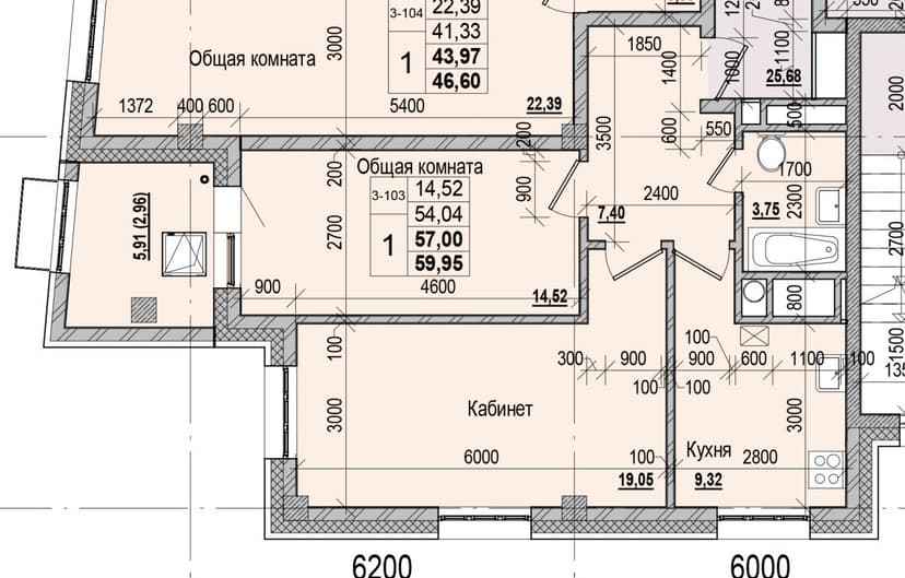 1 комн., 57.00 м²