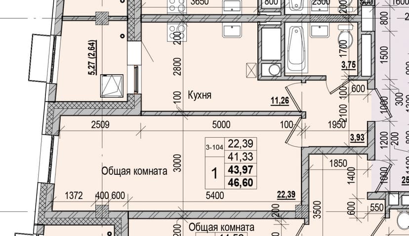1 комн., 43.97 м²
