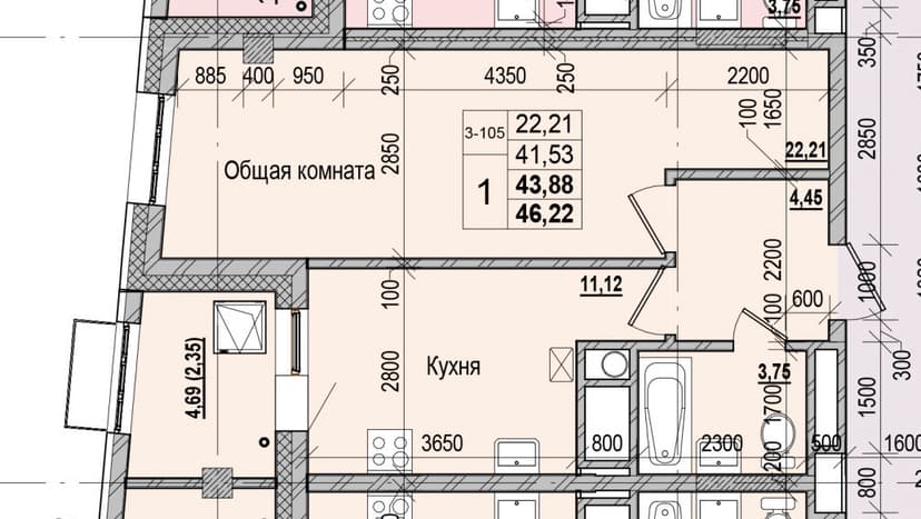 1 комн., 43.88 м²