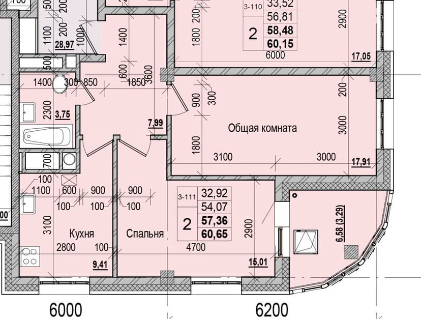 2 комн., 57.36 м²