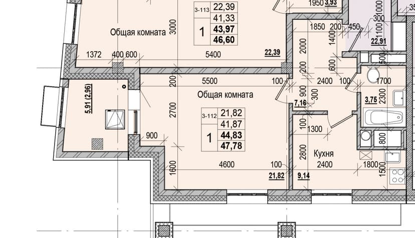 1 комн., 44.83 м²
