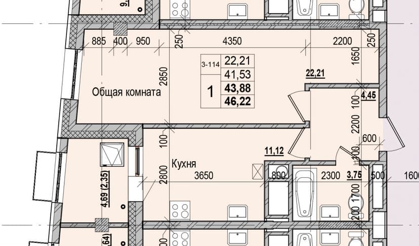 1 комн., 43.88 м²