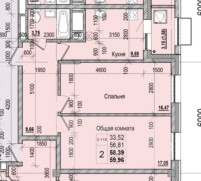 2 комн., 58.39 м²