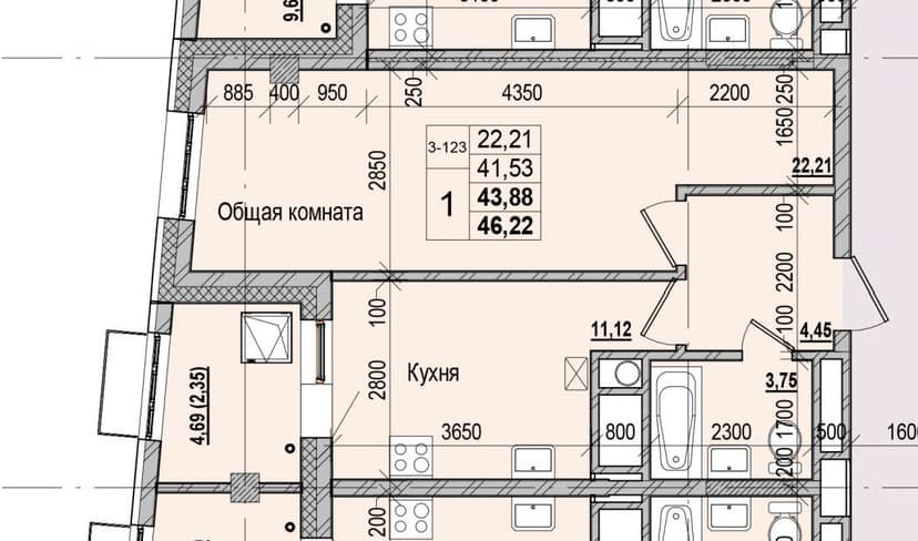 1 комн., 43.88 м²